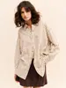 Bestseller transfronteiriço europeu e americano, camisa retrô de listras vermelhas ombro a ombro, silhueta oversized, cardigã versátil de manga comprida, top feminino
