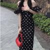 Vestido de Um Ombro Estilo Hepburn Suave Elegante Cobre-Cintura Quadril Saia Longa Retro Francês Preto Bolinhas Vazadas