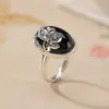 Anillo de Plata Yilu S925 Plata de Ley Ónice Negro Carpa Loto Oval Retro Nuevo Estilo Chino Anillo Abierto