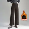 Calça feminina de mistura de lã, corte slim, perna reta, coleção outono/inverno 2026, forrada com fleece e espessa, novo design de cintura alta, efeito emagrecedor, estilo wide leg, com caimento fluido, calça casual