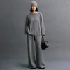Pantalones Casuales de Cachemira para Mujer Otoño e Invierno Nuevo Estilo Retro Old Money Tejido de Punto Trenzado Color Sólido Sueltos Simples Versátiles Pierna Ancha