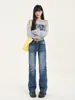 Jeans Rectos Azules Lavados Retro para Mujer Otoño 2025 Nuevos Pantalones de Cintura Alta Ajustados Estrechos Elásticos de Longitud Completa