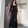 Vestido de Malla Patchwork Elegante Transfronterizo Estilo Francés para Mujer, Ajuste Delgado Otoño e Invierno, Falda Larga de Cola de Pez Bodycon a la Moda