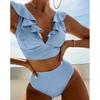 Roupa de Banho Europeia e Americana Multicor com Babados Decote em V Biquíni Sexy Cor Sólida Cintura Alta Maiô com Fenda Férias na Praia Feminino