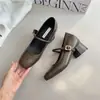 Sapatos Femininos Mary Jane com Salto Bloco de Couro Macio com Acolchoamento Interno, Tira Única, Bico Quadrado, Boca Rasa, Sapatilhas Femininas para o Trabalho
