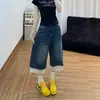 Jeans Cropped com Renda Patchwork Design Retrô Americano para Mulheres, Corte Reto Solto, Calça Casual Elegante e Estilosa
