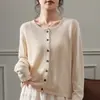 Cardigan de Tricô Feminino Outono 2026 Novo com Borda Enrolada Gola Redonda Manga Longa Suéter Casaco Solto Abotoado Camisa Base
