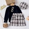 Conjunto Infantil Outono e Inverno Estilo Europeu e Americano Blusa Manga Bufante Infantil Xadrez Saia Linha A Boina Conjunto Três Peças