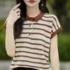2026 Verano Nuevo Algodón Puro Cuello Polo Camisa de Punto Manga Corta para Mujer Bloque de Color Rayas Casual Versátil Top Camisa Base