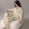 Pijama Súper Suave de Algodón Puro para Mujer 2026 Primavera/Otoño Nuevo Estilo Cardigan Solapa Manga Larga Talla Grande Ropa de Casa Set de Dibujos Animados