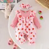 2025 Exportación Transfronteriza Otoño Nuevo Mono Rosa con Estampado de Fresas para Bebé Niña Estilo Lindo Traje de Gateo