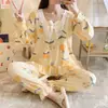 Pijama Feminino de Verão Novo da Fábrica Conjunto de Roupas para Casa com Calça de Manga Longa em Seda de Leite Estampa de Desenho Animado Gola Quadrada Renda
