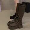 Botas de Couro Macio com Salto Plataforma Grosso até o Joelho Femininas Outono Novo Estilo Britânico Botas Dobradas Empilhadas Não Atingindo o Joelho Botas de Cano Alto