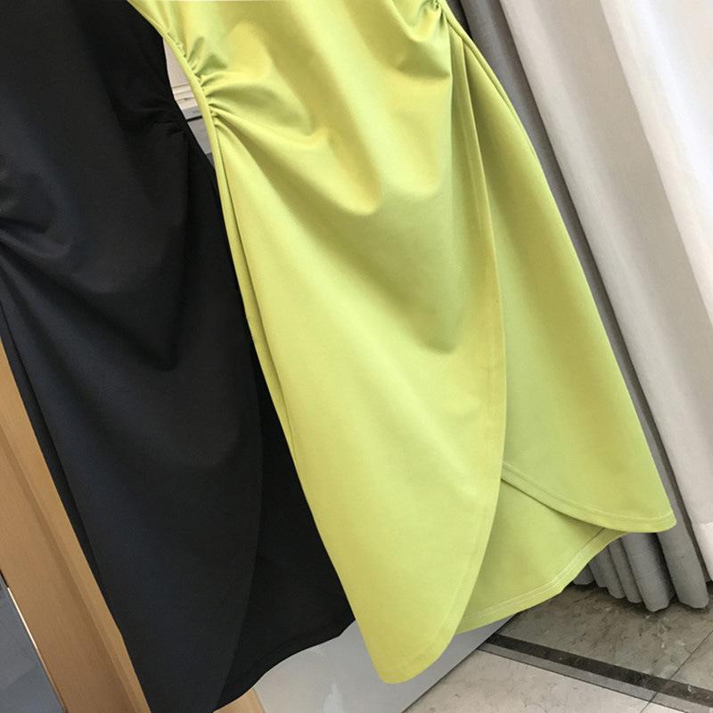 帮手主图-2022年新款夏季女感气质收腰薄款绿色t恤不规则连