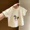 Roupa infantil coreana para meninas, estampa fofa de cavalinho, camiseta de manga curta para meninas, bolinhas, barra com babados moderna, top da moda