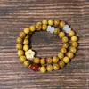 Pulsera de Rosario de Doble Círculo de Sándalo Dorado Estilo Nacional 8mm Pulsera de Garra de Gato para Dama Cuentas de Buda Wenwan Pulsera de Sándalo Verde Joyería
