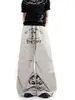 Pantalones de Verano con Estampado de Letras Retro Americano, Rayas, Plisados, Forma de Cimitarra, Cordón, Holgados, Pierna Ancha, Casual