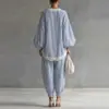 Moda Femenina Europea y Americana 2026 Conjunto Holgado de Encaje con Rayas Azules y Blancas para Mujer Conjunto Casual de Dos Piezas con Pantalones de Pierna Ancha y Manga Larga