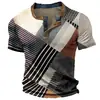 Camiseta retro de botão com meia-malha transpassada transfronteiriça, top pullover Henley casual de manga curta com estampa 3D slim fit para homens