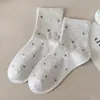 Calcetines de encaje hasta la mitad de la pantorrilla para mujer, otoño e invierno, estilo coreano de dibujos animados, versátiles, estilo universitario, algodón peinado, estampado de corazón, calcetines dulces para estudiantes