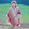 Chal de estilo étnico para otoño e invierno, Xinjiang, Yunnan, turismo, vacaciones, degradado, cálido cuello de piel, abrigo de punto, capa, bufanda
