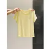 Algodão de bambu cor amarelo-leite de manga curta com bordado pequeno para mulheres, top fino casual de verão com ombro normal, camiseta respirável estilo coreano