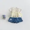 Conjunto de Duas Peças Casual Bebê Dianxi Listrado com Laço e Suspensório Shorts Jeans de Verão com Babado