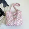 Bolsa tote de algodão matelassê com estampa de desenho animado, bolsa de ombro feminina, bolsa de mão de lona de grande capacidade