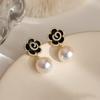 Aretes de Perlas Rosa Negra Aguja de Plata Estilo Coreano con Diamantes Sencillos de Flor Aretes de Alta Gama Combinables Elegantes
