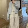 Jaqueta Cardigan Tricotada Feminina Estilo Preguiçoso Azul Claro Feminina 2024 Primavera Nova Macia Curta Manga Longa Cor Sólida Feminina