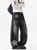 Jeans con Parche de Estrella Estilo High Street Americano para Hombres y Mujeres, Otoño Hip-Hop Diseño Holgado Orejas de Conejo para Bailar Pantalones de Pierna Ancha