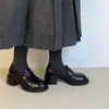 Mocassins vintage super macios de couro bovino com salto grosso para mulheres, sapatos de salto alto sem cadarço com bico redondo, sapatos casuais de couro genuíno sem cadarço