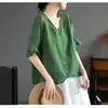 Algodón lino 2024 artístico retro manga corta algodón lino cuello V camiseta mujer holgada adelgazante versátil top bordado