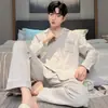 Pijama Masculino 100% Algodão Primavera e Outono Novo Estilo Manga Longa Calça Longa Cardigã Gola Lapela Moda Estilo Coreano Roupa de Casa Roupa de Fora
