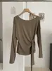 KEKEZOON Camiseta de Manga Larga Lisa de Un Hombro Asimétrico con Lazo Lateral Fruncida en la Cintura Adelgazante Estilo Coreano Foto Real 8693