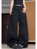 Jeans Pleated Deconstruído Americano Plus Size para Mulheres, Silhueta Solta Vintage Wide-Leg com Caimento Scimitar Comprimento Total Tendência