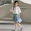 Conjunto de Camiseta de Manga Corta para Niñas 2026 Verano Nuevo Delgado Falda de Mezclilla de Manga Corta Conjunto de Dos Piezas para Niños Mayores