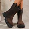 Botas de Cavaleiro de Cano Médio com Solado Grosso para Mulheres, Botas de Chaminé Finas com Bico Redondo Costuradas, Botas de Couro de Tamanho Grande para Mulheres Amazon