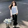 Conjunto de Camisa com Colete Doce Elegante Simples Bonito Estilo Coreano para Meninas de Meia-Idade e Grandes Outono Xadrez Patchwork Conjunto de Calças Casuais