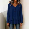 Top de Otoño/Invierno 2026 Más Vendido Transfronterizo Europeo y Americano con Cuello en V, Media Botonadura, Plisado, Dobladillo Fruncido y Mangas Largas para Mujer