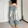 Jeans de Mujer Lavados Retro Americanos Desgastados Azul Claro Rasgados Nuevos de Calle Rectos Sueltos Pantalones Casuales