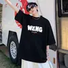 Camiseta Masculina de Algodão Pesado Branca com Gola Pequena Verão Moda de Hong Kong Marca Estampada Manga Curta Solta plus size Meia Manga