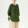 Camiseta Haisong Verde Estilo Artístico Relajada Cuello Redondo Verano 2026 Nueva Holgada Cómoda Casual Manga Tres Cuartos