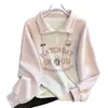 Blusa de Meio Zíper Soltinha Emagrecedora Doce para Primavera e Outono Novo Estilo 2025 Sudadera de Manga Longa com Gola Alta Estilo College para Meninas e Mulheres