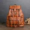 Mochila de Gesso Colorido Casca de Árvore Feita à Mão Ancient Chaoke para Viagem Casual, Mochila de Couro Genuíno, Bolsa para Laptop de 14 Polegadas