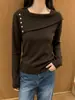 Suéter de Punto Rayado con Bloques de Color Irregular de un Solo Hombro Otoño/Invierno Nuevo para Mujer Estilo Francés Manga Larga Jersey de Punto Top Base