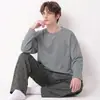 Pijama para hombre al por mayor transfronterizo, algodón puro, otoño e invierno, manga larga, cuello redondo, a rayas, casual, talla grande, conjunto de ropa de casa para hombre