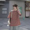 Exclusivo de Fornecimento Transfronteiriço Lyocell Listrado Manga Curta Masculino Verão Toque Fresco Color Block Adolescente Solto Casual Camiseta de Meia Manga