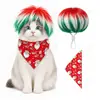 Peluca de bloques de color rojo y verde navideño, conjunto de pañuelo navideño estampado, accesorios de decoración navideña para mascotas, se puede etiquetar y enviar en nombre de los clientes