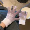 Luvas Femininas de Inverno Novas Sem Dedos Acolchoadas Peludas de Tricô para Meninas Estilo Coreano Tela Sensível ao Toque Cinco Dedos Escrita